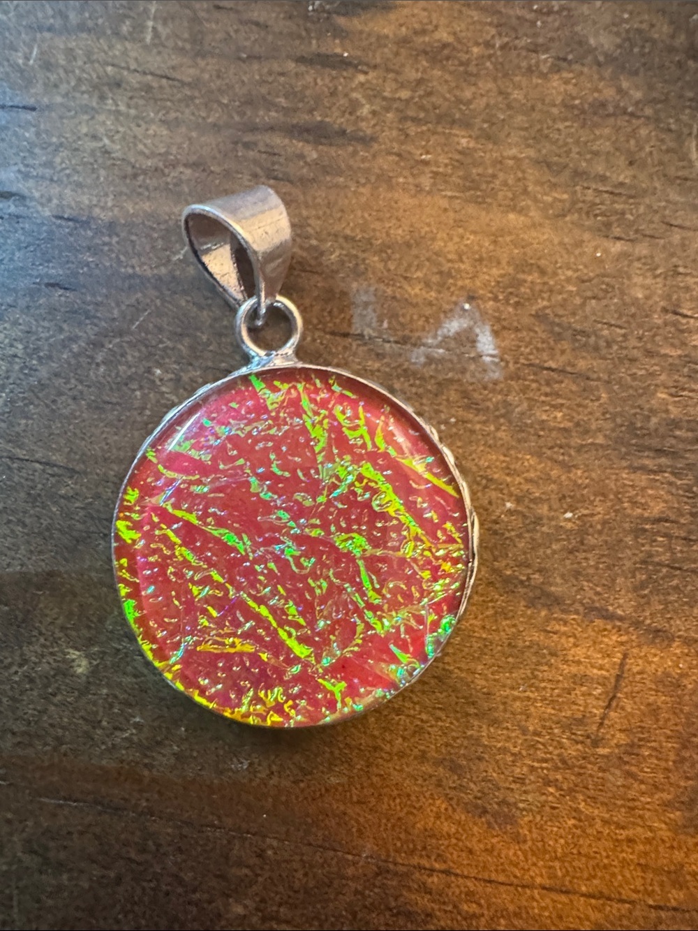 Round Iridescent orange Pendant with Green Shimmer